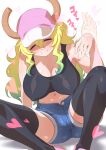  1girl baseball_cap black_legwear black_tank_top breasts closed_eyes denim denim_shorts dragon_girl dragon_horns gradient_hair green_hair hat horns horns_through_headwear hounyouin huge_breasts kobayashi-san_chi_no_maidragon long_hair lucoa_(maidragon) multicolored_hair pink_headwear short_shorts shorts solo tank_top thighhighs 