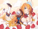 1girl ;q ahoge arm_support armor ascot bangs blue_eyes boots bow breasts cake cleavage coat cream cream_on_face crown eyebrows_behind_hair eyebrows_visible_through_hair feet_up food food_on_breasts food_on_face fruit gloves hair_between_eyes head_rest large_breasts long_hair looking_at_viewer lying on_food on_stomach one_eye_closed orange_hair pecorine_(princess_connect!) princess_connect! shoulder_armor skirt smile solo strawberry tiara tongue tongue_out white_gloves yachimoto 