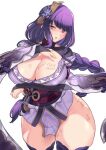  1girl aster_crowley bangs body_writing braid breasts cleavage commentary_request cowboy_shot eyebrows_visible_through_hair genshin_impact hair_ornament highres japanese_clothes kimono large_breasts long_hair looking_at_viewer mole mole_under_eye no_panties parted_lips purple_eyes purple_hair purple_kimono purple_legwear raiden_shogun simple_background thick_thighs thighhighs thighs white_background 