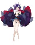  1girl absurdres bare_legs bare_shoulders barefoot bob_cut breasts fangs fate/grand_order fate_(series) highres horns japanese_clothes kimono looking_at_viewer navel oni oni_horns open_mouth purple_eyes purple_hair purple_kimono revealing_clothes san_(harutuki_3) short_hair shuten_douji_(fate) simple_background skin-covered_horns small_breasts smile solo standing thick_eyebrows white_background 