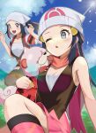  2girls akari_(pokemon) bare_arms beanie black_hair black_legwear blush boots breasts cleavage cloud commentary_request dawn_(pokemon) day eyelashes fang grass grey_eyes hat head_scarf heart heart_in_mouth highres hisuian_growlithe holding holding_pokemon katwo kneehighs long_hair multiple_girls open_mouth outdoors pink_footwear pink_skirt pokemon pokemon_(creature) pokemon_(game) pokemon_dppt pokemon_legends:_arceus ponytail scarf shirt sidelocks skirt sky sleeveless sleeveless_shirt sun white_headwear 