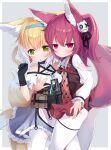  2girls animal_ear_fluff animal_ears arashiya arknights arm_up ass black_gloves black_panties blonde_hair blue_skirt blush braid breast_grab breasts brown_jacket dress fox_ears fox_girl fox_tail gloves grabbing green_eyes grey_background hair_ornament hairband highres hug id_card jacket long_hair looking_at_viewer multiple_girls multiple_tails open_mouth panties pantyhose red_dress red_eyes red_hair shamare_(arknights) shirt short_dress simple_background skirt sleeveless sleeveless_jacket small_breasts suzuran_(arknights) tail thigh_strap thighs torn_clothes torn_legwear twin_braids twintails underwear white_legwear white_shirt yuri 