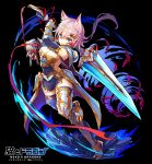  1girl absurdres animal_ear_fluff animal_ears armor aura blue_eyes boots breasts cat_ears cleavage copyright_name gauntlets highres holding holding_sword holding_weapon huge_weapon incoming_attack kagawa_ichigo logo long_hair looking_at_viewer neko_&amp;_dragons official_art parted_lips pink_hair ponytail simple_background smile solo standing standing_on_one_leg sword thigh_boots thighhighs thighhighs_under_boots weapon 