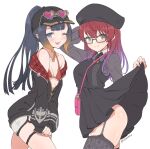  2girls ;d bag bangs baseball_cap beret between_breasts bikini black_dress black_headwear black_jacket black_legwear blonde_hair blue_eyes blush breasts closed_mouth commentary cosplay costume_switch cowboy_shot dress eyebrows_visible_through_hair eyewear_on_headwear fang garter_straps gradient_hair grey_shirt hat heart heart-shaped_eyewear heart_necklace heterochromia highres hololive hololive_english houshou_marine houshou_marine_(cosplay) jacket jewelry long_hair long_sleeves looking_at_viewer mole mole_under_eye multicolored_hair multiple_girls necklace ninomae_ina&#039;nis ninomae_ina&#039;nis_(cosplay) off_shoulder one_eye_closed open_mouth partially_unzipped pinafore_dress puffy_long_sleeves puffy_sleeves purple_hair red_bikini red_hair shirt short_shorts shorts shoulder_bag sidelocks simple_background skin_fang smile standing strap_between_breasts string_bikini striped striped_shirt sunglasses swimsuit thigh_strap thighhighs twitter_username unzipped vinhnyu virtual_youtuber white_background white_shorts yellow_eyes zipper zipper_pull_tab 