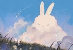  animal animal_focus beanynne bunny cloud commentary day english_commentary flower grass highres no_humans original outdoors scenery shooting_star signature sky white_flower 