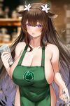  1girl :o alternate_costume animal_ears apron azur_lane bangs bare_arms bare_shoulders blurry blurry_background blush breasts brown_hair cleavage collarbone covered_navel cow_ears cow_horns cowboy_shot cup depth_of_field drinking_glass eyebrows_visible_through_hair flower green_apron hair_flower hair_ornament highres holding holding_cup holding_pen horns huge_breasts iced_latte_with_breast_milk_(meme) indoors kashino_(azur_lane) long_hair looking_at_viewer manjuu_(azur_lane) meme naked_apron open_mouth pen piukute062 purple_eyes signature solo very_long_hair white_flower 