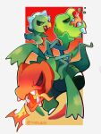  absurdres capsakid colored_skin evolutionary_line fangs green_pepper green_skin highres multiple_heads no_humans pokemon pokemon_(creature) red_pepper scovillain tail taplaos 