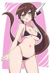  1girl absurdres aile_(mega_man_zx) bikini black_bikini blush breasts brown_hair buzzlyears green_eyes highleg highleg_bikini highres long_hair looking_at_viewer medium_breasts mega_man_(series) mega_man_zx mega_man_zx_advent robot_ears simple_background solo swimsuit 