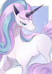  animal_focus artist_name blue_background blue_eyes blue_hair border colored_skin commentary_request galarian_rapidash gradient_background highres horns iwasi_29 multicolored_hair no_humans pokemon pokemon_(creature) purple_hair single_horn twitter_username two-tone_hair unicorn white_border white_skin 