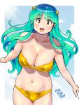  1girl animal_print bikini breasts cleavage collarbone green_hair highres horns kenken28937178 large_breasts long_hair looking_at_viewer lum navel oni oni_horns open_mouth smile solo swimsuit tiger_print urusei_yatsura yellow_bikini yellow_eyes 