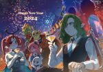  2024 3boys 3girls antlers architecture banner blending blue_dress blue_eyes character_request cocktail_glass cup dress drinking_glass dutch_angle eyepatch fireworks green_eyes green_hair hair_over_one_eye hairband happy_new_year highres holding holding_cup multiple_boys multiple_girls okame_nin original outdoors pale_skin pink_hair pointy_ears red_hair single_antler sitting spiked_hairband spikes standing suit twintails white_hair wide_shot 