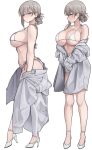  1girl ass bare_shoulders bikini blue_eyes breasts closed_eyes closed_mouth coat coat_partially_removed commentary from_side grey_coat grey_hair hair_between_eyes half-closed_eyes halterneck high_heels highres large_breasts long_sleeves mature_female multiple_views nago_purin off_shoulder open_clothes open_coat parted_lips profile short_hair side-tie_bikini_bottom simple_background single_hair_ring sleeves_past_fingers sleeves_past_wrists smile split_mouth standing strappy_heels string_bikini swimsuit symbol-only_commentary thong_bikini turning_head underboob uzaki-chan_wa_asobitai! uzaki_tsuki white_background white_bikini white_footwear 