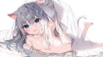  1girl :d animal_ears arm_up artist_name bangs bed_sheet blue_eyes blue_nails blurry blurry_background blush breasts cat_ears cat_girl cat_tail commentary depth_of_field eyebrows_visible_through_hair feet_out_of_frame grey_hair hair_between_eyes hair_censor hair_over_breasts highres leg_up long_hair long_sleeves looking_at_viewer lying mafuyu_(chibi21) nail_polish naked_shirt off_shoulder on_stomach open_clothes open_mouth open_shirt original shirt signature simple_background sleeves_past_wrists small_breasts smile solo tail under_covers white_background white_shirt 