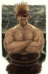 1boy beard belt blonde_hair cloud cloudy_sky crossed_arms eyepatch facial_hair headband highres looking_at_viewer male_focus muscular muscular_male outdoors pectorals red_headband scar scar_on_arm scar_on_chest sky solo spiked_hair standing thorkell topless_male upper_body vinland_saga water yomimomsg 