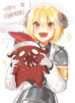  1girl armor blonde_hair blush commentary diamond_(shape) don_quixote_(project_moon) e.g.o_(project_moon) fur_sleeves gloves gnome_(project_moon) hair_between_eyes hat highres holding horns korean_text limbus_company lobotomy_corporation looking_at_viewer meat_lantern_(project_moon) open_mouth orange_eyes project_moon ranya_(artiraia) santa_hat sharp_teeth sheep_horns short_hair shoulder_armor simple_background smile solo speech_bubble standing teeth translation_request white_background white_gloves 