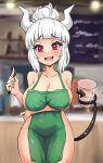  1girl apron barista bebatch black_tail blurry blurry_background breast_hold breasts collarbone cup demon_girl demon_horns demon_tail disposable_cup green_apron helltaker highres holding holding_cup holding_marker holding_with_tail horns iced_latte_with_breast_milk_(meme) large_breasts lucifer_(helltaker) marker meme naked_apron prehensile_tail red_shirt shirt solo standing tail white_hair white_horns 