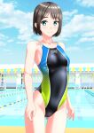  1girl absurdres black_hair black_swimsuit blue_eyes blue_sky breasts cloud collarbone commentary_request competition_swimsuit covered_navel cowboy_shot day highres lane_line looking_at_viewer multicolored_clothes multicolored_swimsuit one-piece_swimsuit original outdoors pool short_hair sky small_breasts solo standing string_of_flags swimsuit takafumi 