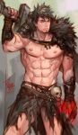  1boy abs armor bara biceps black_hair blue_eyes character_request check_copyright contrapposto copyright_request facial_hair feet_out_of_frame frown fur_trim goatee highres large_pectorals loincloth looking_to_the_side male_focus mature_male muscular muscular_male navel nipples no_shirt over_shoulder pauldrons pectorals short_hair shoulder_armor sideburns skull solo standing stomach sword sword_over_shoulder tekken thighs tribal unfinished weapon weapon_over_shoulder yi_lee 