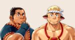  2boys animal_ears arm_hair bara blonde_hair cat_boy cat_ears check_copyright copyright_request dark-skinned_male dark_skin ei_(marutendon) facial_hair goatee hand_on_own_chin male_focus mature_male multiple_boys muscular muscular_male open_clothes open_shirt original pectoral_cleavage pectorals revealing_clothes reward_available short_hair sideburns sidepec smile stroking_beard stubble upper_body whiskers 