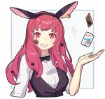  1girl 2024 alternate_costume animal_ears arm_up black_bow black_bowtie blue_border border bow bowtie card commentary_request eyelashes facial_mark fake_animal_ears fire_emblem fire_emblem_engage grey_background haconeri hair_ornament long_hair looking_at_viewer rabbit_ears red_eyes red_hair smile solo star_(symbol) star_facial_mark star_hair_ornament teeth two-tone_background upper_body white_background yunaka_(fire_emblem) 