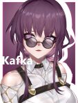  1girl absurdres bare_shoulders breasts bwcloud character_name clothing_cutout commentary_request highres honkai:_star_rail honkai_(series) kafka_(honkai:_star_rail) large_breasts long_hair parted_lips purple_eyes purple_hair round_eyewear shirt shoulder_cutout smile solo sunglasses upper_body white_shirt 