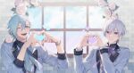  2boys aiue_o_eiua backlighting blue_bow blue_bowtie blue_eyes blue_hair blurry blurry_background bow bowtie bracelet brick_wall closed_mouth commentary_request flower heart heart_hands highres idolish7 jewelry light_blue_hair long_sleeves looking_at_viewer male_focus mezzo&quot; multiple_boys one_eye_closed open_mouth osaka_sougo pinstripe_pattern pinstripe_suit purple_bow purple_bowtie purple_eyes purple_hair ring rose shirt sleeves_rolled_up smile striped suit upper_body white_flower white_rose white_shirt white_suit window yotsuba_tamaki 