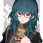  1girl alternate_costume bangs blue_hair blush buttons byleth_(fire_emblem) byleth_(fire_emblem)_(female) commentary_request epaulettes fire_emblem fire_emblem:_three_houses garreg_mach_monastery_uniform glasses hair_between_eyes hand_on_own_chest highres juliet_sleeves long_hair long_sleeves looking_at_viewer nakabayashi_zun official_alternate_costume parted_lips puffy_sleeves purple_eyes red-framed_eyewear signature smile solo uniform upper_body 