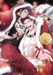  2boys absurdres bishounen black_hair box chest_tattoo christmas earrings eustass_kid facial_hair finger_tattoo gift gift_box hand_tattoo hat highres jaguar_print jewelry long_sideburns looking_at_viewer male_focus merry_christmas multiple_boys muscular muscular_male one_piece op_chestnut panther_print pants red_hair red_nails santa_costume santa_hat scar scar_on_chest scar_on_face short_hair sideburns smile tan tattoo trafalgar_law 