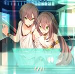  1boy 1girl adele_(fate) blurry brother_and_sister brown_hair depth_of_field dress fate/grand_order fate_(series) gold_bracelet gold_trim green_eyes hair_between_eyes highres holographic_interface long_hair looking_down makarios_(fate) open_mouth satoimo_(3311_mi) short_hair siblings sleeveless sleeveless_dress toga upper_body white_dress 