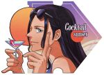  1girl black_hair blue_eyes cocktail cocktail_glass cup drink drinking_glass english_text eyewear_on_head holding holding_drink jennyandloiryan light_smile long_hair looking_at_viewer nico_robin one_piece profile solo ticket upper_body 