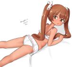  1girl absurdres ass bikini bikini_skirt brown_eyes brown_hair dark-skinned_female dark_skin dated hair_ribbon highres kantai_collection libeccio_(kancolle) long_hair looking_at_viewer lying maru_(marg0613) official_alternate_costume on_stomach one-hour_drawing_challenge polka_dot polka_dot_ribbon ribbon simple_background solo swimsuit twitter_username white_background white_bikini 