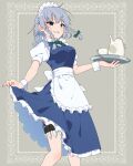  1girl apron blue_dress blue_eyes bow bowtie braid breasts collared_shirt commentary_request cowboy_shot cup dress frilled_apron frilled_dress frills german_shiroishi green_bow green_bowtie green_ribbon grey_hair grin hair_ribbon holding holding_tray holster izayoi_sakuya knife legs maid maid_headdress medium_breasts medium_hair ribbon shirt skirt_hold smile solo teacup teapot thigh_holster touhou tray twin_braids waist_apron waist_bow white_apron white_bow white_shirt wrist_cuffs 