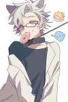  ... 2boys animal_ears atou_haruki black_collar black_shirt blonde_hair blue_eyes cat_boy cat_ears chinese_commentary collar commentary_request crumbs doughnut food food_in_mouth glasses kanou_aogu kemonomimi_mode lab_coat leash long_sleeves male_focus multiple_boys no_mouth rumian75475 saibou_shinkyoku shirt short_hair simple_background spoken_ellipsis sweatdrop upper_body white_background white_shirt 