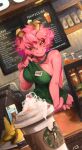  1girl absurdres apron apron_lift ashido_mina banana bare_arms bare_shoulders barista black_sclera blurry blush boku_no_hero_academia breasts cafe cash_register closed_mouth coffee_cup colored_sclera colored_skin commentary counter cup disposable_cup drink dutch_angle english_commentary eyebrows_visible_through_hair foam food fruit green_apron highres horns iced_latte_with_breast_milk_(meme) indoors khyle. large_breasts lifted_by_self looking_at_viewer meme menu_board naked_apron name_tag orange_eyes pink_hair pink_skin short_hair smile solo starbucks upper_body 