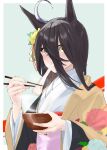  1girl absurdres ahoge amane_(amanevo) animal_ears black_eyeliner black_hair bowl chopsticks earrings eating eyelashes eyeliner food hair_between_eyes highres holding holding_bowl holding_chopsticks horse_ears horse_girl japanese_clothes jewelry kimono long_bangs long_hair makeup manhattan_cafe_(umamusume) mochi multicolored_hair new_year single_earring solo umamusume white_hair yellow_eyes yellow_kimono 