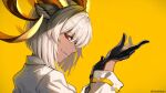  1girl animal_ears arknights black_gloves carnelian_(arknights) dark-skinned_female dark_skin dootmoon from_side glove_pull gloves goat_ears goat_girl goat_horns hands_up highres horns jacket long_sleeves looking_at_viewer profile red_eyes short_hair sideways_glance simple_background solo twitter_username white_hair white_jacket yellow_background 