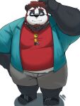 2024 absurd_res anthro bear belly bhtoss black_body black_nose bottomwear clothing footwear giant_panda hi_res kemono male mammal overweight overweight_male sandals shirt shorts simple_background solo topwear white_body