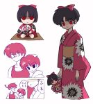  1boy 2girls black_hair bow doll evil_smile fumo_(doll) hair_bow hand_fan highres japanese_clothes kimono leaning_on_person luuxiriver matching_outfits multiple_girls obi possessed ranma_1/2 red_eyes saotome_ranma sash simple_background smile sweatdrop tank_top tendou_akane translation_request yukata 