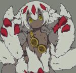  1girl body_fur breasts claws collarbone commentary_request cowboy_shot dark-skinned_female dark_skin ears_down extra_arms faputa goggles goggles_around_neck grey_background hair_between_eyes hands_up head_tilt highres horns looking_at_viewer made_in_abyss medium_hair monster_girl multiple_tails nipples parted_lips raised_eyebrows red_horns shiirodesu simple_background small_breasts solo tail tail_raised tareme topless v_arms white_fur white_hair yellow_eyes 