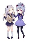  2girls angel_beats! animal_ears black_footwear black_legwear blue_footwear brooch darker_than_black dress fkey forced_smile grey_hair hand_up high_ponytail jewelry kemonomimi_mode long_hair long_sleeves looking_at_viewer miniskirt multiple_girls neck_ribbon pantyhose pleated_skirt ponytail purple_dress purple_skirt ribbon shoes simple_background skirt smile socks tenshi_(angel_beats!) white_background white_legwear yellow_eyes yellow_neckwear yellow_ribbon yin_(darker_than_black) 