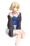  1girl absurdres bad_id bad_twitter_id black_jacket blonde_hair blue_camisole blue_eyes camisole commentary_request cropped_legs crossed_bangs frilled_camisole frills hair_between_eyes highres jacket kanojo_okarishimasu looking_at_viewer mimori_manato nanami_mami off_shoulder short_hair simple_background sitting sketch skirt smile solo white_background white_skirt 