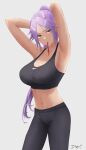  1girl absurdres armpits arms_up bangs black_bra black_pants bleach bra breasts brown_eyes cleavage collarbone dark-skinned_female dark_skin grey_background high_ponytail highres hyakuu_ty1 large_breasts long_hair looking_at_viewer midriff mouth_hold navel pants parted_bangs purple_hair red_ribbon ribbon ribbon_in_mouth shihouin_yoruichi shiny shiny_hair shiny_skin simple_background solo sports_bra sportswear standing stomach tying_hair underwear very_long_hair 