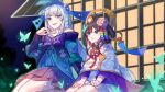  2girls :o aoandon bare_shoulders black_hair blue_eyes blue_nails bug butterfly hair_ornament hair_rings hand_up highres long_hair menreiki mihua_(gina10925) multiple_girls night onmyoji outdoors rainbow_hair_ornament sitting skirt white_hair wide_sleeves 