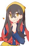  1girl artist_name black_hair buttons carmine_(pokemon) closed_mouth colored_inner_hair commentary_request crossed_bangs erua_(_8eru) hairband hand_on_own_chin heart highres long_hair mole mole_under_eye multicolored_hair pokemon pokemon_sv red_hair simple_background smile solo twitter_username two-tone_hair upper_body watermark white_background yellow_eyes yellow_hairband 