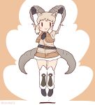  1girl animal_ears arms_up belt boots brown_background coroha elbow_gloves extra_ears full_body gloves goat_ears goat_girl goat_horns grey_hair horns jumping kemono_friends kemono_friends_3 looking_at_viewer necktie nubian_ibex_(kemono_friends) shirt short_hair shorts simple_background solo vest 
