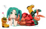  1girl aqua_hair black_thighhighs blush boots bug butterfly closed_mouth crossed_legs dress feet_up flower forehead googly_eyes gradient_dress green_eyes green_thighhighs highres long_hair lying monogatari_(series) no_shoes non-web_source official_art on_stomach ononoki_yotsugi orange_dress orange_headwear pink_flower red_dress rubber_boots shadow short_eyebrows sidelocks simple_background soles solo striped striped_thighhighs the_pose thick_eyebrows thighhighs toes twintails unworn_boots unworn_headwear watanabe_akio white_background 