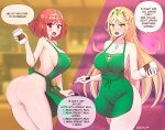  2girls absurdres alternate_costume apron ass blonde_hair blush breasts chest_jewel cleavage embarrassed english_text highres iced_latte_with_breast_milk_(meme) jarckius large_breasts long_hair meme multiple_girls mythra_(xenoblade) naked_apron no_bra no_panties pyra_(xenoblade) red_eyes red_hair speech_bubble starbucks surprised thighs xenoblade_chronicles_(series) xenoblade_chronicles_2 yellow_eyes 