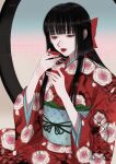  1girl aegyo_sal artist_name black_hair blue_background blue_sash blunt_bangs blush bow bowl closed_mouth commentary_request diamond_(shape) eyelashes eyeshadow fingernails floral_print gradient_background grey_background grey_eyes hair_bow highres holding holding_bowl japanese_clothes kimono lipstick long_hair looking_at_object looking_down makeup multicolored_background narumi_hosokawa nose_blush obi original pale_skin pink_background pink_eyeshadow pink_nails print_sash red_bow red_kimono red_lips sash solo triangle_print upper_body watermark wide_sleeves 