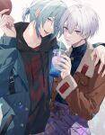  2boys :p absurdres aiue_o_eiua arm_around_shoulder black_hoodie blue_coat blue_eyes blue_hair brown_jacket coat commentary_request cup drinking_straw fur_trim gradient_background hand_up highres holding holding_cup hood hoodie idolish7 jacket light_blue_hair looking_at_viewer male_focus multiple_boys osaka_sougo pants parted_lips purple_eyes purple_hair purple_pants short_hair short_ponytail simple_background smile teeth tongue tongue_out yotsuba_tamaki 