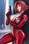  1girl blue_eyes bodysuit breasts cleavage code_geass dandon_fuga gloves gun headband highres kallen_stadtfeld large_breasts looking_at_viewer makeup medium_hair navel open_clothes red_hair shiny shiny_clothes solo weapon 